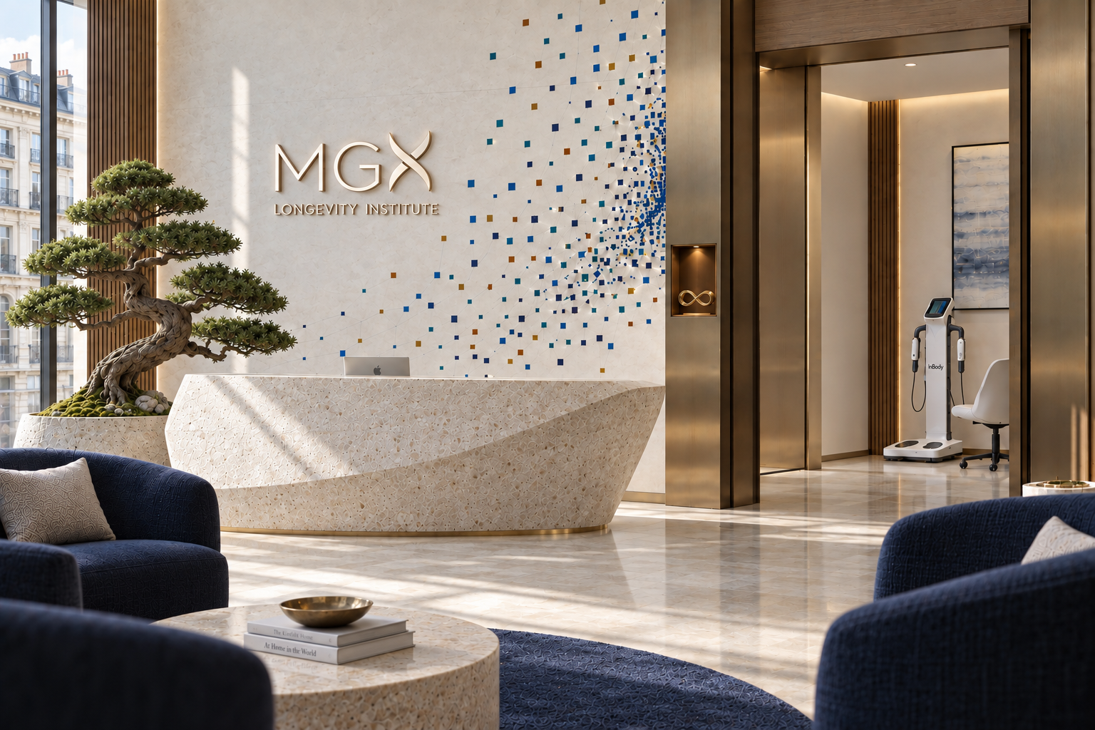 MGX Longevity Institute — architektonická vizualizácia recepcie